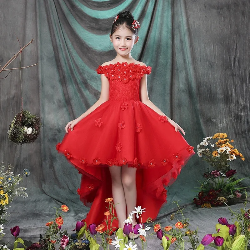 

Shouldreless Princess Dress Appliques Flower Girl Dress Red Trailing Ball Gown Children First Communion Dress For Wedding A60