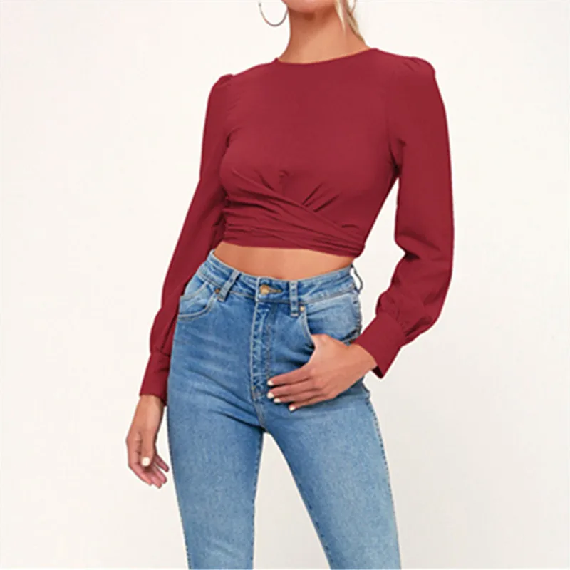 

2019 New Style Fashion Women Sexy Back Hallow Out Bow Shirt Long Sleeve O Neck Siold Color Ladies Top Female Streetwear Clothing