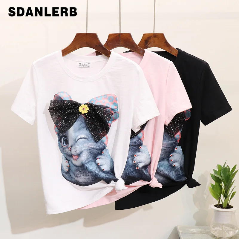 

Spring Summer Clothes Woman's Short Sleeve Tee T Shirts 2019 New Fashion Inlaid Diamond Sticker Cartoon Cat T-shirt Students Top