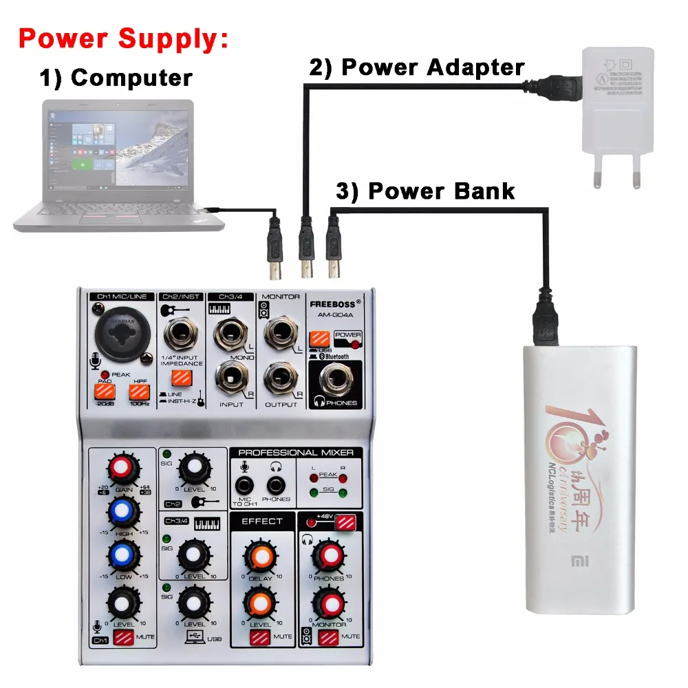  AM-G04A Bluetooth Record Multi-purpose 4 Channels Input Mic Line Insert Stereo USB Playback Profess