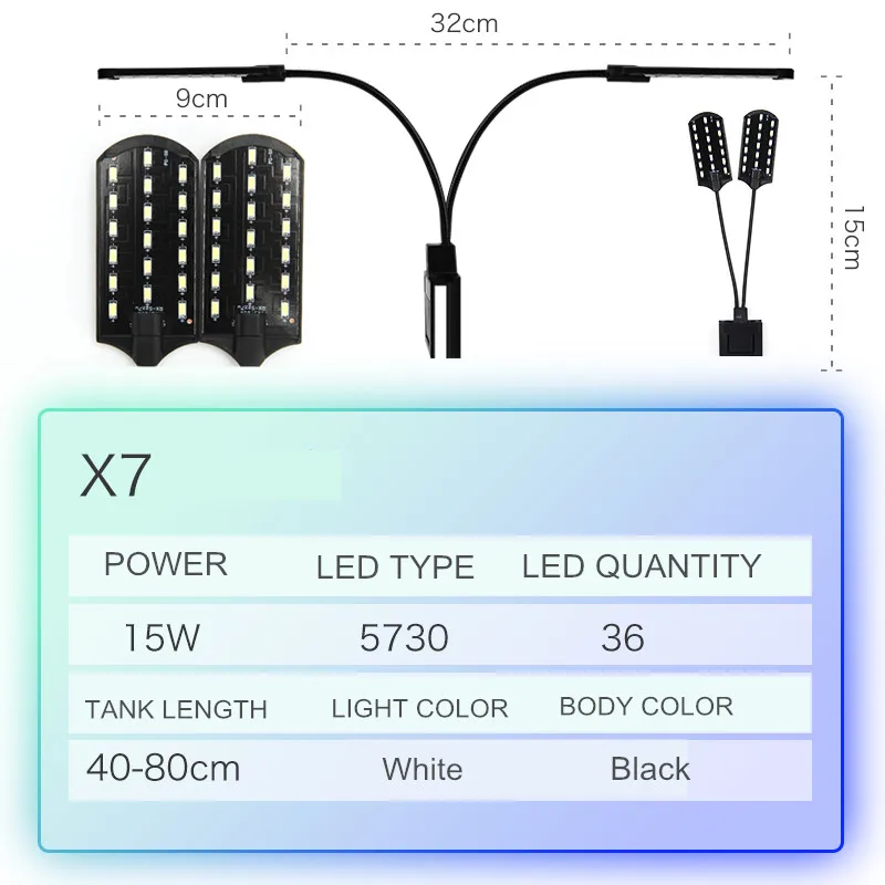 Супер тонкий светодиодный светильник для аквариума, растительный светильник 5 Вт/10 Вт/15 Вт, освещение для водных растений, водонепроницаемая лампа с зажимом для аквариума - Испускаемый цвет: X7 Black body