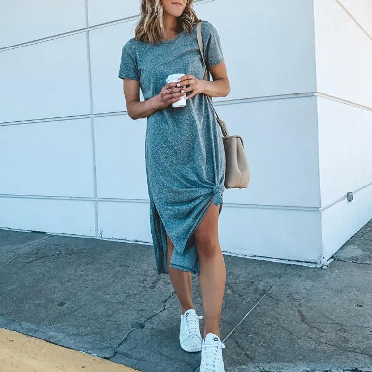 

Midi T Shirt Dresses Women Summer Pure Color to Casual Knot Vestidos Sexy Boho Elegant Split Bandage Loose Short Sleeve Dress
