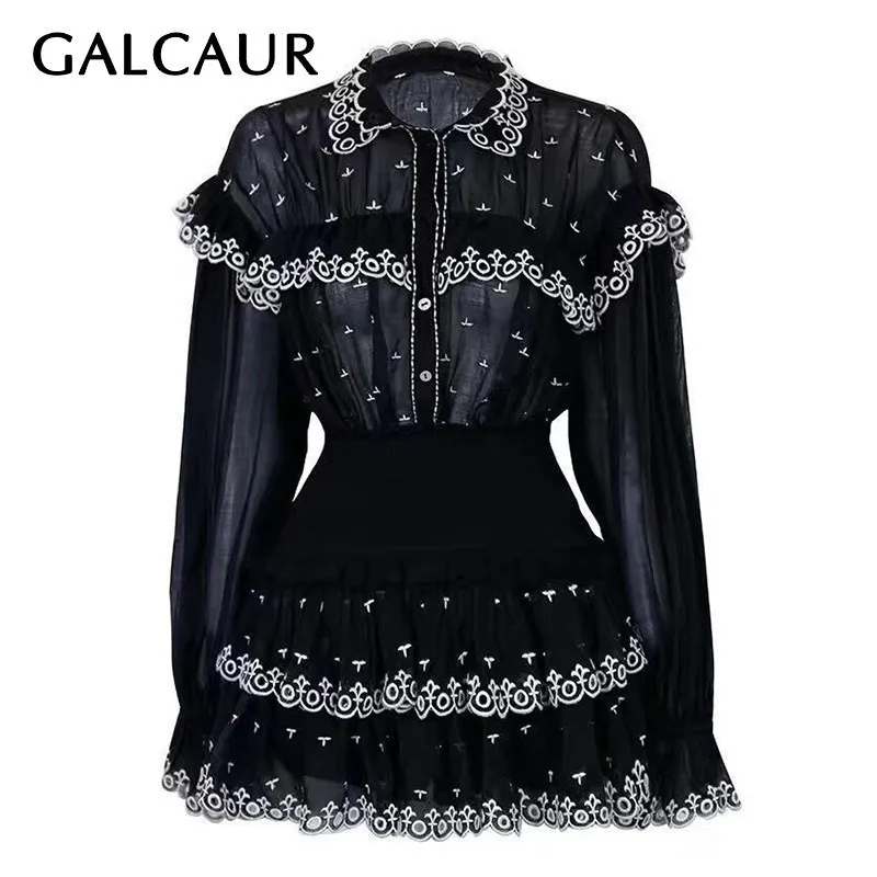 

GALCAUR Embroidery Ruffles Patchwork Two Piece Set Women Lapel Flare Sleeve Button Shirt High Waist Mini Skirt Female Suit 2019