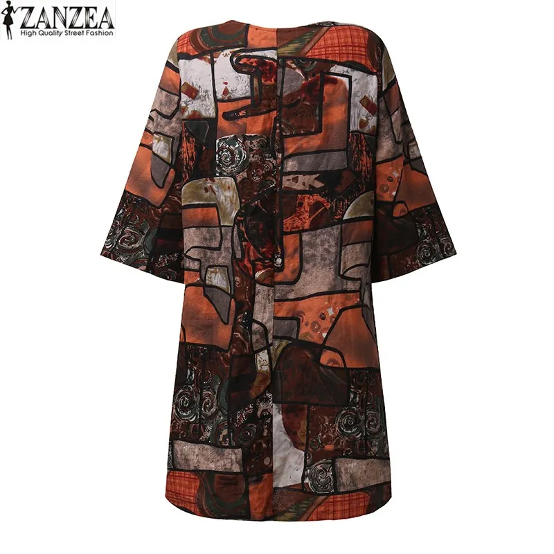 ZANZEA женское винтажное Цветочное платье с круглым вырезом и рукавом 3/4 Хлопок Карманы Туника мини платье летнее платье размера плюс