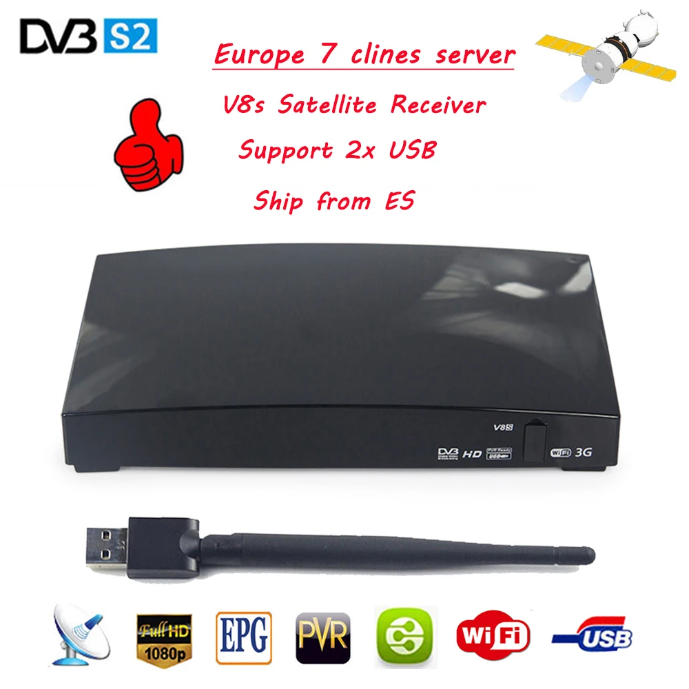 

[Genuine]DVB-S2 V8S Satellite Receiver Full HD 1080P V8S Decoder MPEG-5 bisskey Youporn 3G with 1 Year Europe 7 Cable Server