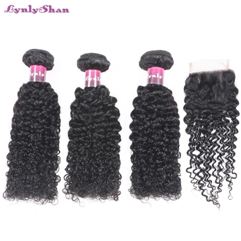 

Lynlyshan Hair Curly Weave Human Hair Bundles With Closure Brazilian Hair Weave 3 Bundles Natural Black Remy Hair Extensions
