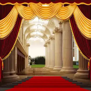 

column lace curtains red carpet grand staircase photo backdrop Vinyl cloth High quality Computer print wall Background