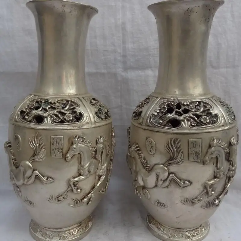 

wan6710967+++14" Chinese Silver Fly 8 Horse Statue "Ba Jun Tu" Bronze Flower Pot Vase Pair