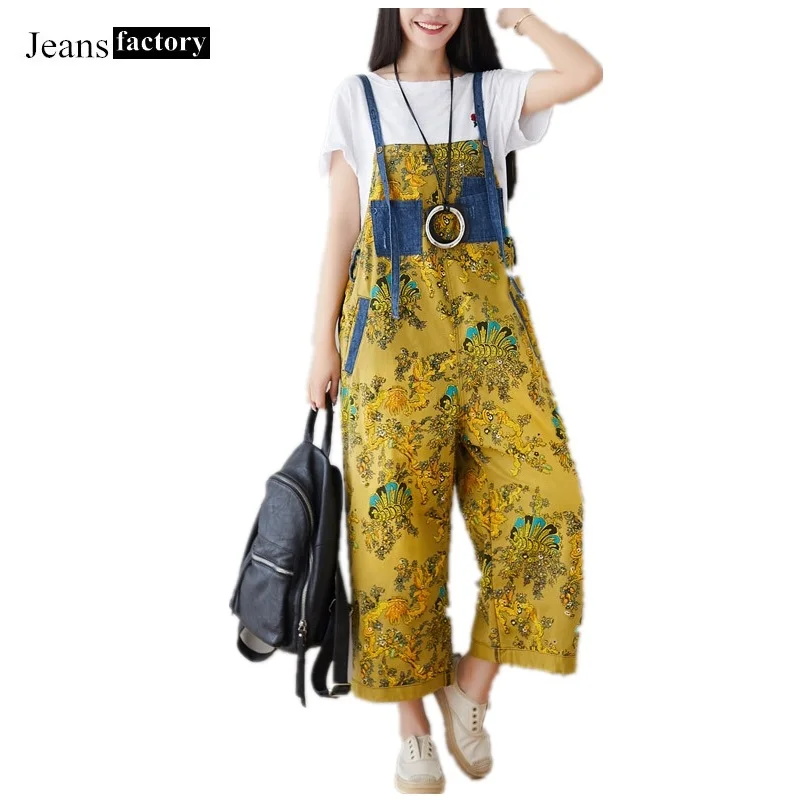 

Jumpsuit Women Large Size Literary Vintage Jumpsuits Slim Wide Leg Pants Print Denim Overalls Cotton Casual Jeans Female Rompers