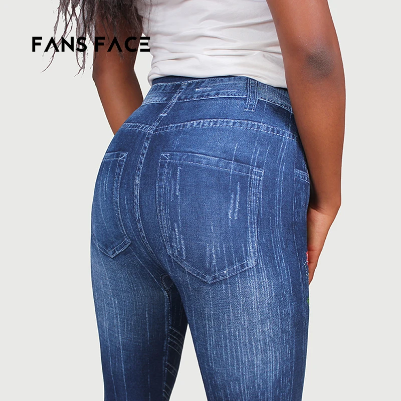 FANS FACE Lady Slim Leggings Denim Jeans For Women Blue Workout Trousers Elastic High Waist Sexy