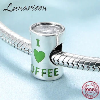 

925 Sterling Silver Green Enamel Heart Love Coffee Cup Beads Fits Original Charms Pandora Bracelet Bangles DIY Jewelry