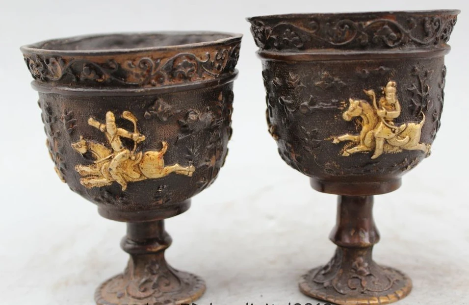 

4" Chinese Dynasty Palace Bronze Gild lotus leaf Cann people Ride Horse Cup Pair