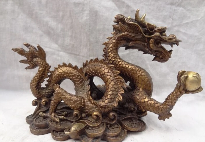 

S3480 10" Chinese Bronze Year Zodiac Wealth YuanBao Coin Fly Dragon Head Ball Statue D0317