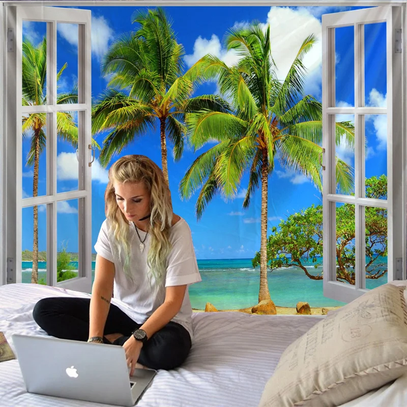 Гобелен из кокосовой пальмы с морским пейзажем, индийская мандала, гобелен на стену, гобелены, настенный ковер для спальни в стиле бохо, одеяло, 6 размеров