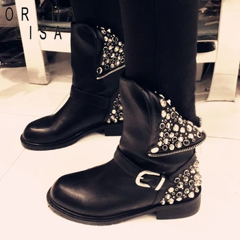 

ORCHA LISA quality PU+genuine leather boots rivets square heels autumn winter ankle boots sexy fur snow boots shoes woman C059