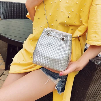 

SEKUSA Seuqined Fashion Women Clutches Soft Bucket Shaped Lady Chain Shoulder Handbags Small Evening Clutch Purse
