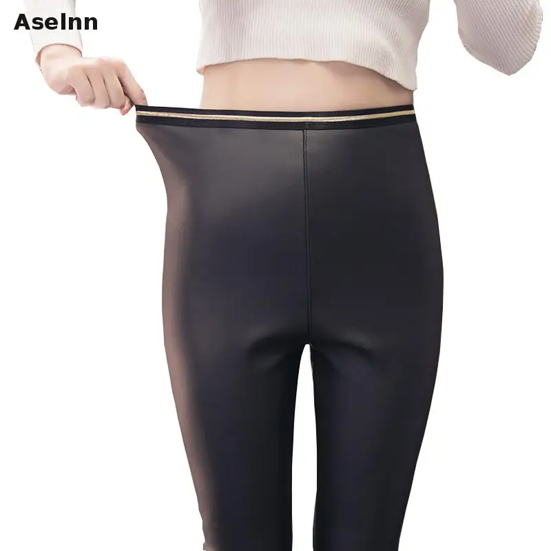 

Aselnn 2019 Spring Autunmn Women Matte Leather Pants Elastic Waist Casual Pencil Pants Plus Size Trousers Female 4xl