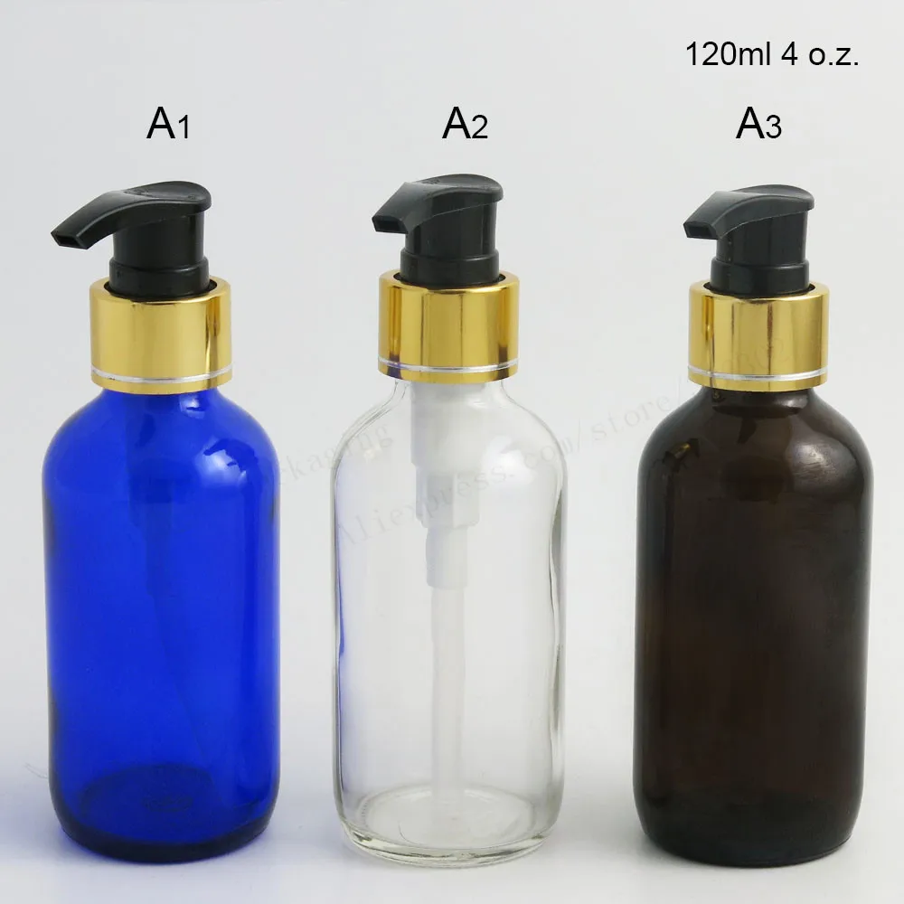 6 x 120ml Big Refillable Boston Round Glass Bottle With Gold Lotion