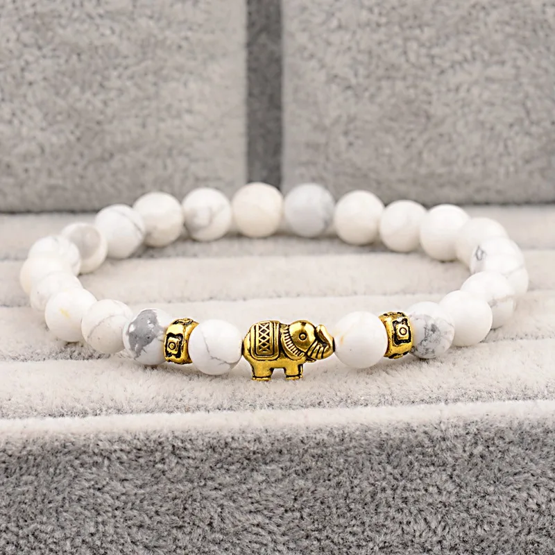 Браслет из натурального камня, белые мужские браслеты, золото, браслет в стиле бохо, слон, винтажный черный браслет из лавы, деревянные браслеты