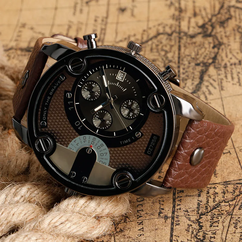 Fashion Men's Watch Big Dial Stainless Steel Belt Watch Sports Universal Wrist Watch Clock Black Brown Color