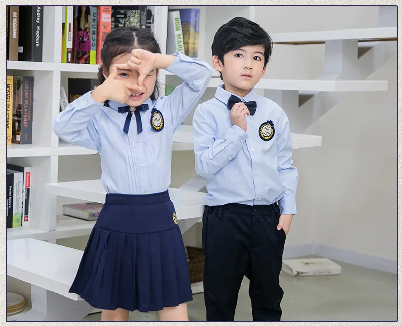 Детская форма для детского сада, школьная форма для студентов, британская детская одежда, синие рубашки с длинными рукавами для мальчиков и