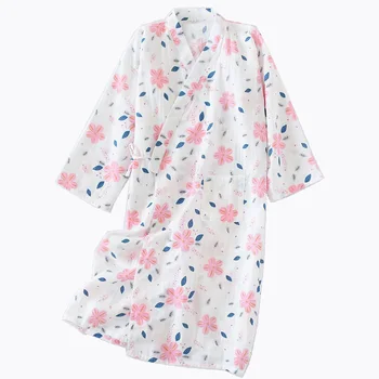 

Women's Loose Kimono style Gown 100% Gauze Cotton Nightdress Spring Summer Ladies Robe Medium-Length Thigh Nightgown Sleepwear