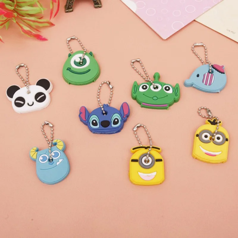 

8PCS/lot Panda Elephant Stitch Minion Key Cover Key Caps Keychain Key Chain Key Ring Silicone Key Holder Kids Gift Pins Badges
