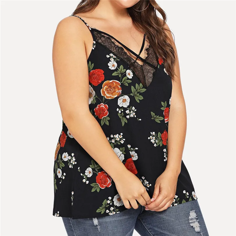 New Womens Girls Summer Daily Casual Sexy Plus SizeSleeveless Floral Print Lace Patchwork Camis Crop Top tops #4F05 (19)