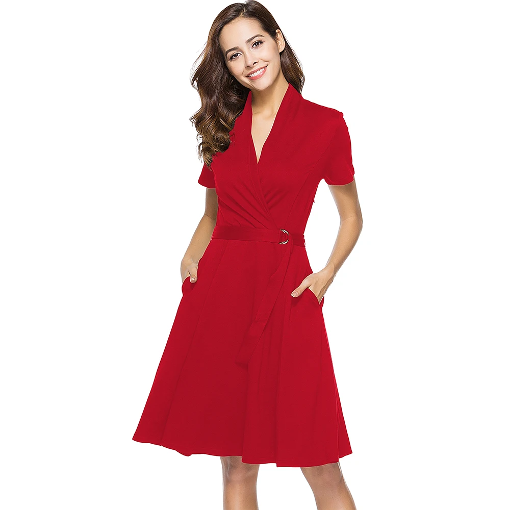 Buy Vintage Fit and Flare Black Dress Short Sleeve Swing Party Belted Work