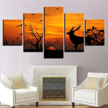 

Canvas Painting Modular Picture 5 Pieces/Pcs Animal Deer Dusk Wall Art View Home Decoration For Living Room Modern Printing Type