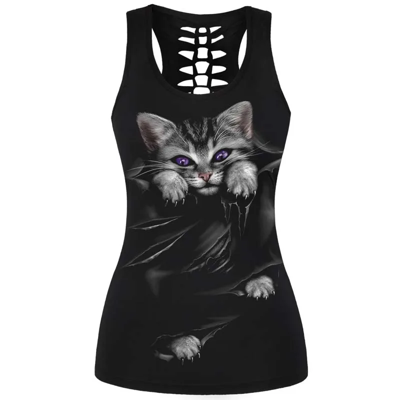 Женская футболка с принтом милого котенка для фитнеса, йоги, майка, дышащие женские рубашки для спортзала, без рукавов, спортивный топ, футболка для фитнеса