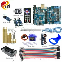 Комплект ИК-управления DOIT с платой UNO R3+ плата защиты двигателя+ сервопривод SG90+ Unltasonic датчик для избегания препятствий комплект Arduino