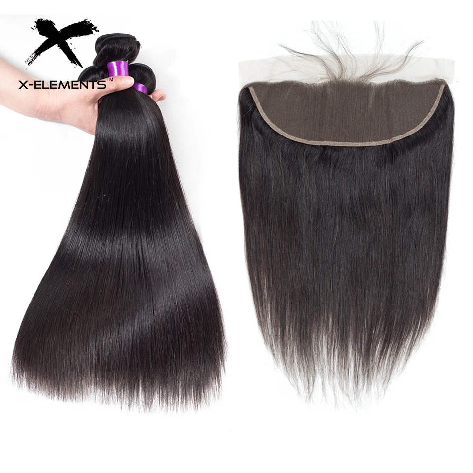 X-Elements Peruvian Straight Hair Bundles with Frontal Natural Color Non Remy Human Hair Weave with 13x4 Lace Frontal (2)