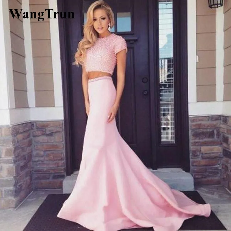 

Baby Pink Two Piece Long Prom Dresses Short Sleeves Sweep Train Pink Pearls Satin Evening Formal Party Dress Vestido De Fiesta