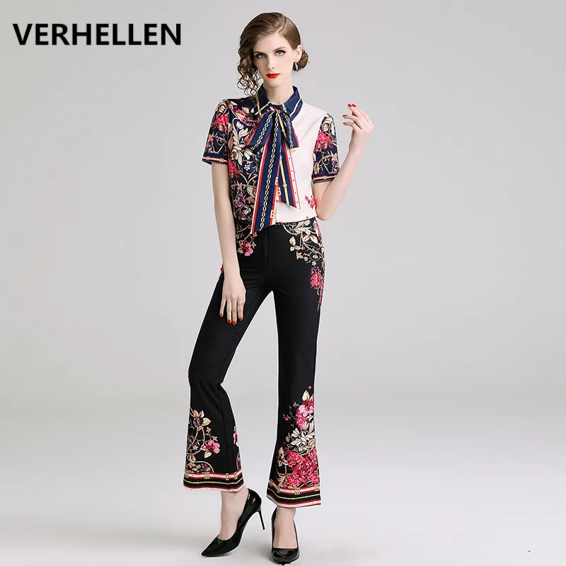 

VERHELLEN High Quality 2019 Fashion Runway Pants Suit Sets Women's Long Sleeve Print Blouses and Casual Pants Two Pieces Set
