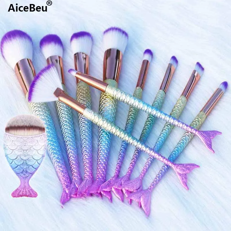 

AiceBeu 10/11Pcs Mermaid Makeup Brush Set Fish Tail Foundation Powder Eyeshadow Make up eyeliner Contour Brushes