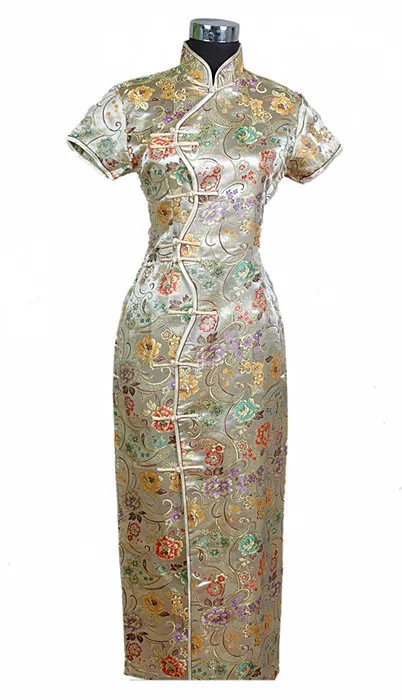 Модное зеленое китайское женское атласное длинное Qipao платье с цветочным узором, Размеры S M L XL XXL XXXL J0027 - Цвет: gold