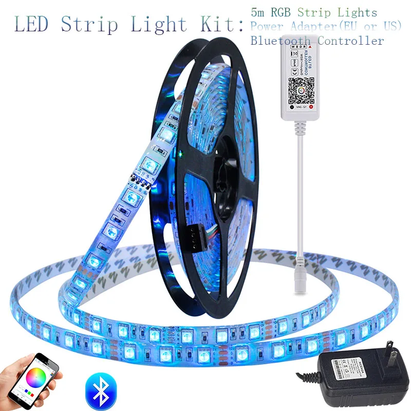 

SMD 5050 RGB Bluetooth Controller LED Strip light 5M 60led/m Waterproof ip 65 neon Flexible Tape diode ribbon DC 12V adapter set