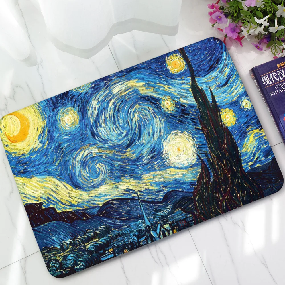 Carpet Van Gogh Abstract Oil Painting Rubber Flocking Mats Waterproof