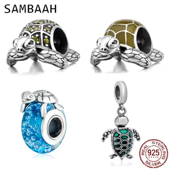 

Sambaah Sea Turtle on Blue Sea Glass Charms 925 Sterling Silver Various Turtle Beads for Original Pandora Animal Summer Bracelet
