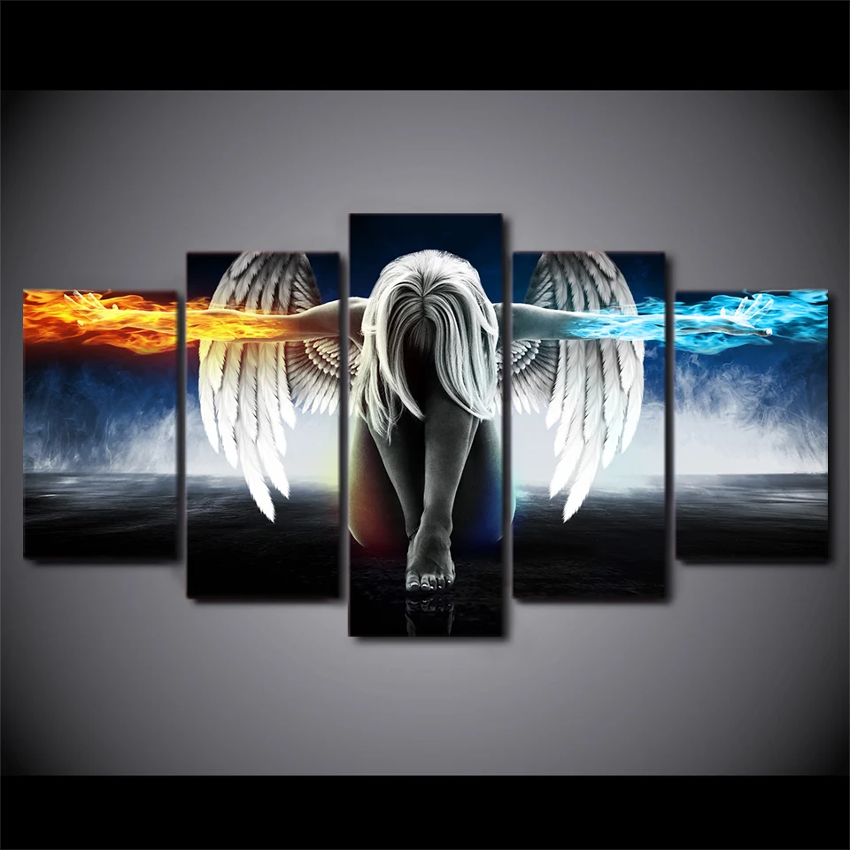 

Canvas Painting HD Printed Wall Art Modern Anime Pictures 5 Pieces Home Decor Angel With Wings Devil Girl Posters Frame