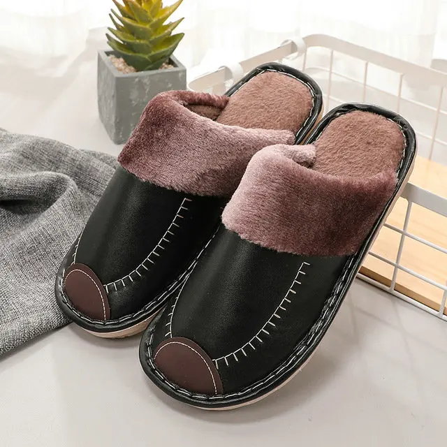 Leather Women Men Couples Home Slippers For Indoor House Bedroom Shoes Comfortable Plush Unsex Warm Mens Slippers Shoes (7)