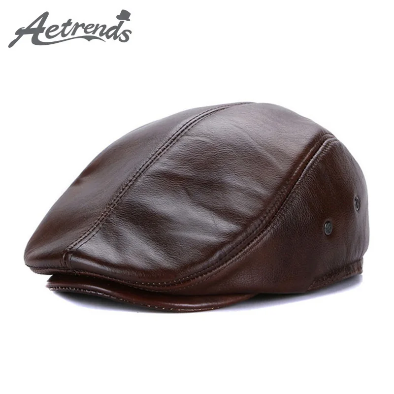 

[AETRENDS] Winter Hat 100% Leather Berets with Ear Flaps Beret Hats for Men Women Warm Flat Cap Genuine Leather Caps Z-6718