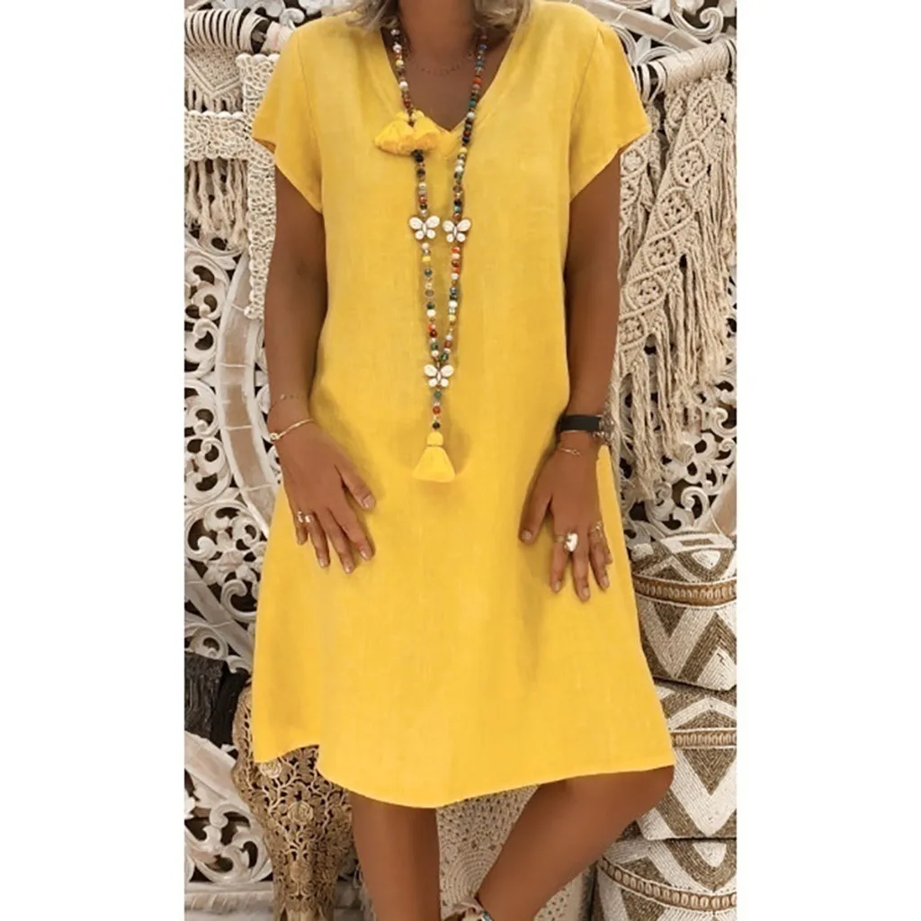 

TELOTUNY Women Cotton and Linen Dress Women Summer Style Feminino Vestido T-shirt Cotton Casual Plus Size Ladies Dress Casual