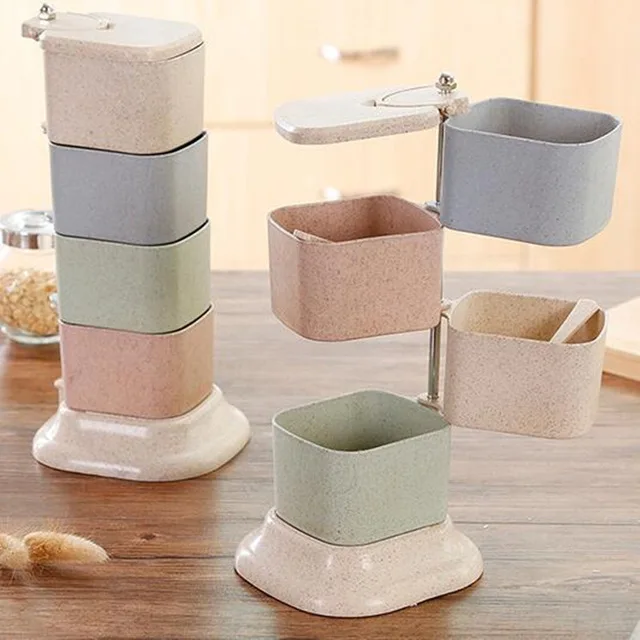 1pc 180degree Rotating Jars Wheat Straw Seasoning Jar 4 Grid Rotary