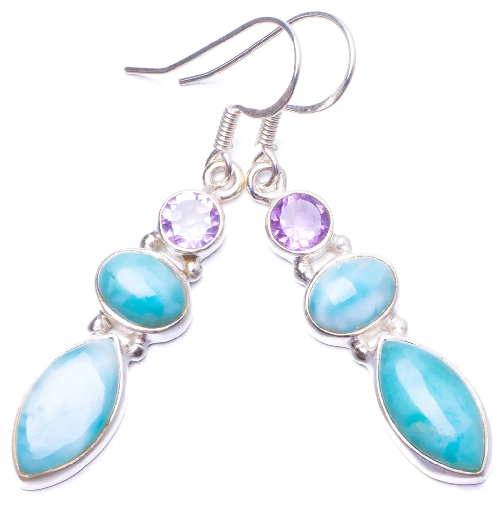 

Natural Caribbean Larimar and Amethyst Handmade Unique 925 Sterling Silver Earrings 1.75" Y0929