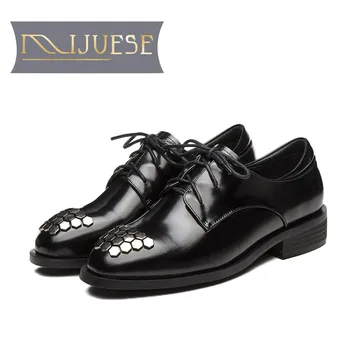 

MLJUESE 2018 women flats black color cow leather metal decoration flats spring comfortable vintage oxfords women shoes size 40