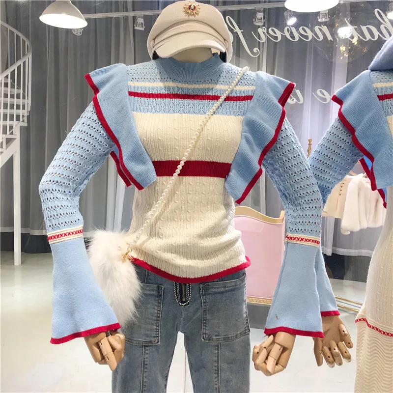 

Amolapha Women Striped Ruffles Patchwork Knitted Jumper Tops Pretty Lady Ruffle Flare Sleeve Knitting Sweaters Pullovers
