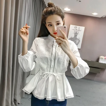 

Women Blouses Spring Fashion White Lace Blouse Shirt Stand Collar 3/4 Sleeve Chiffon Shirt Blusas Femininas Tops
