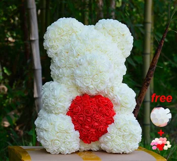 

35CM Rose Bear With Heart Teddy Bear Artificial Foam Flower Valentines's Day Christmas Gift Box For Wedding Decoration